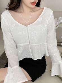 DAZY Solid Color Glitter Long Sleeve Crop Blouse With Flare Cuffs For Women,Ruffle - White - View 6