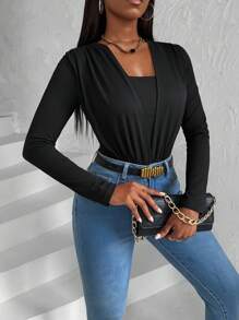 VaVaBold Slayr Women's Spring And Summer Pleated Chest 2 In 1 Long Sleeve Fashion Bodysuit - Black - View 4