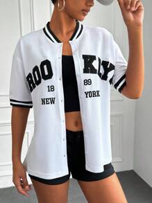 EURMUSE Letter Graphic Striped Trim Baseball Collar Tee - White - View 4