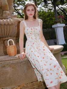 Vestido Feminino Com Estampa De Plantas E Alça Espaguete Franzido Com Cintura Elástica E Franzido Na Frente