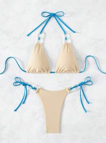 SHEIN Swim 女士色塊頸後系三角泳裝,細繩細節設計,方形環環相扣的兩件式泳衣,適用於海灘度假 - 卡其色 - 查看 6