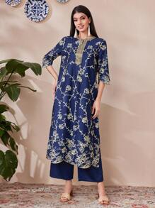 Divindia Women' Printed Kurta Set With Slit V-Neckline, Long Sleeve Top And Pants Style - Blue - View 6
