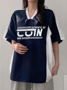 DAZY Women's Color Block Alphabet Printed T-Shirt Oversized T-Shirt,Graphic Tees - Navy Blue - View 6