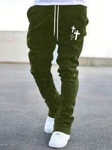 Manfinity EMRG Pantalones De Chándal Para Hombre Con Cintura Con Cordón Y Patrón De Cruz - Verde militar - Ver 1