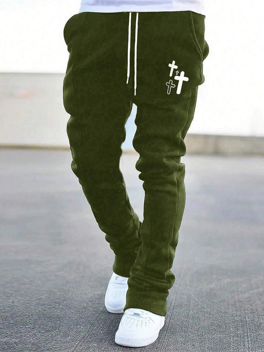 Manfinity EMRG Pantalones De Chándal Para Hombre Con Cintura Con Cordón Y Patrón De Cruz - Verde militar - Ver 1