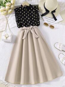 SHEIN 少女金點點印花上衣與褶邊裙套裝 - 黑色 - 查看 1