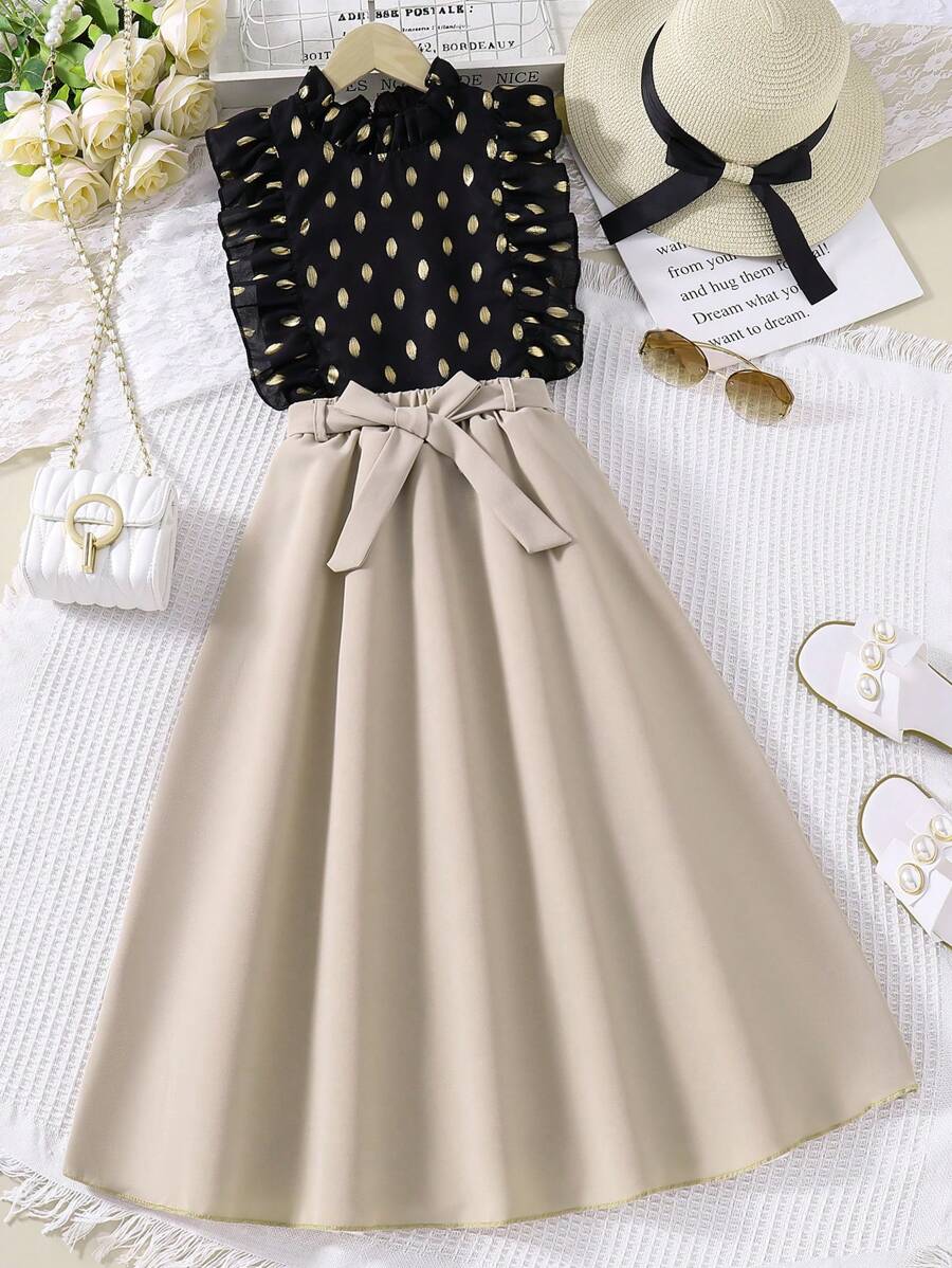 SHEIN 少女金點點印花上衣與褶邊裙套裝 - 黑色 - 查看 1