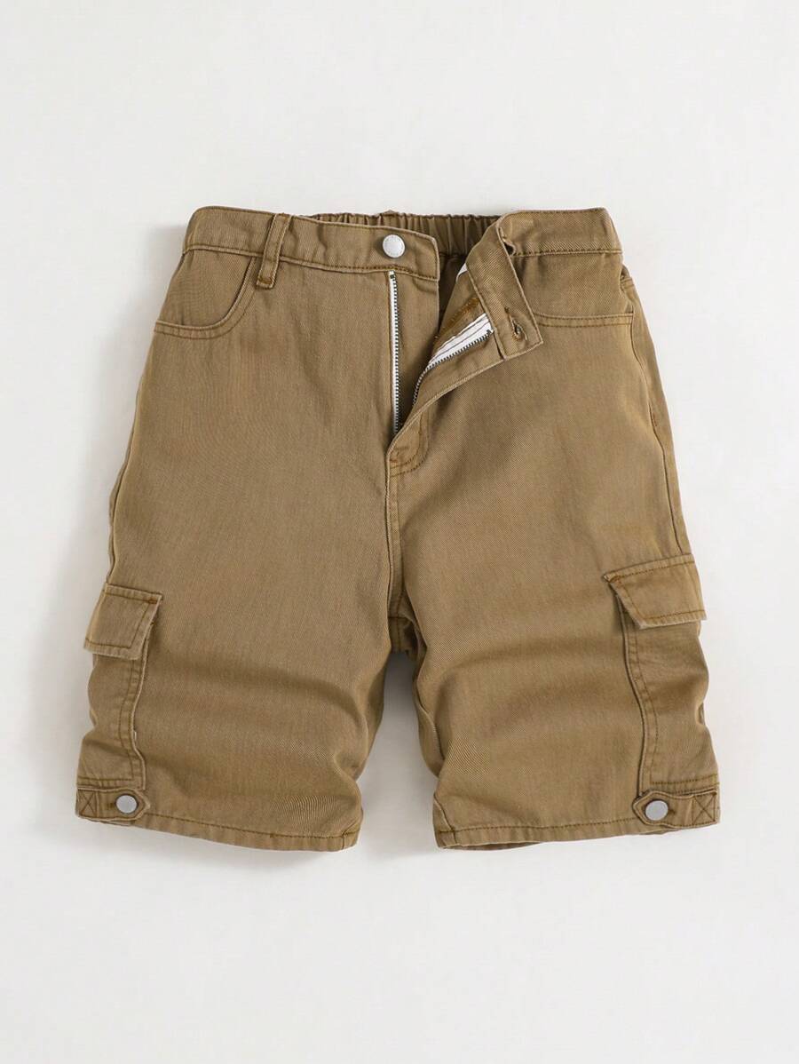SHEIN Teen Boy Khaki Color Loose Fit Washed Denim Shorts With Cargo