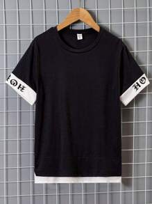 青少年男童拼色短袖印花休閒 T 卹 - 灰色 - 查看 1