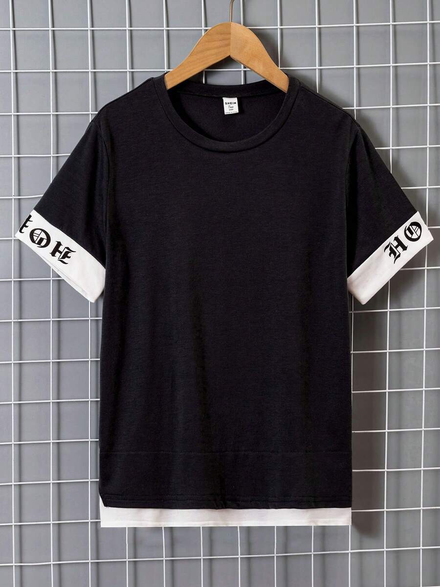 青少年男童拼色短袖印花休閒 T 卹 - 灰色 - 查看 1