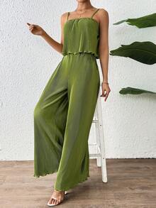 SHEIN Unity 有紋路摺褶背心上衣和彈性腰寬腿長褲套裝 - 綠色 - 查看 5