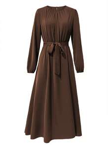 女士时尚圆领长袖束带连衣裙