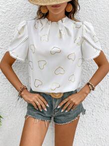 SHEIN LUNE Camisa Con Mangas Abullonadas Y Estampado De Corazones Y Sellos Dorados