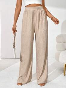 SHEIN Essnce Solid Color Textured Elastic Waist Wide Leg Pants - Brown - View 1