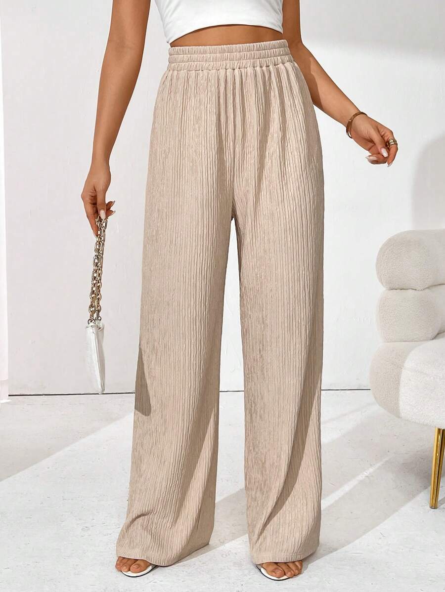 SHEIN Essnce Solid Color Textured Elastic Waist Wide Leg Pants - Brown - View 1