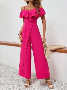 SHEIN VCAY 女士穩定色泡泡袖連身褲，帶泡泡邊緣裝飾