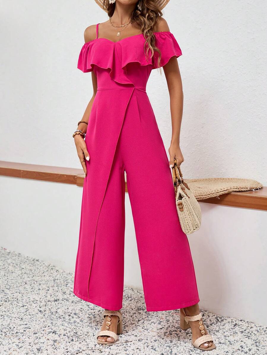 SHEIN VCAY 女士穩定色泡泡袖連身褲，帶泡泡邊緣裝飾