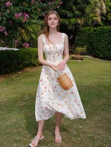 Vestido Feminino Com Estampa De Plantas E Alça Espaguete Franzido Com Cintura Elástica E Franzido Na Frente
