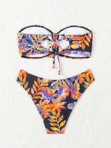 SHEIN Swim 女士热带树叶印花交叉肩带比基尼套装 夏季 - 彩色 - 查看 5