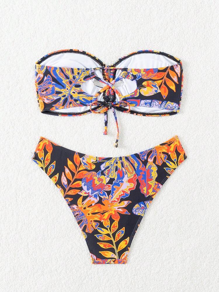 Women's Tropical Leaf Print Crossed Strap Bikini Set Summer