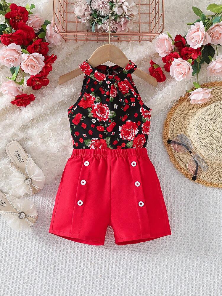 Baby Girl Rose Pattern Halter Top And Shorts Set