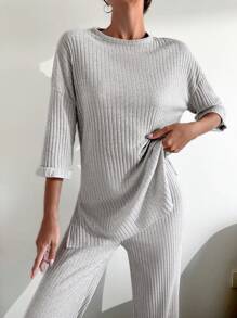 Cloudara 100%Cotton Drop Shoulder Tee & Pants - Grey - View 5