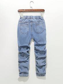 青少年男孩塗鴉印花破洞牛仔褲，帶有洗舊效果 - 淺色水洗藍 - 查看 2