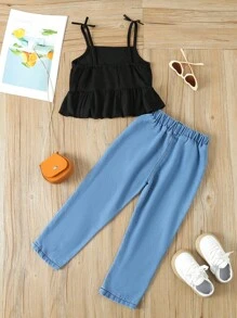 SHEIN 2pcs/Set Young Girls' Fashionable Black Mesh Contrast Camisole Top & Ripped Jeans Spring/Summer Outfits - Multicolor - View 2