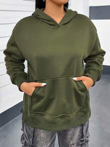 Flirla 加大尺寸女式連帽汗衫,分叉式下擺設計 - 軍綠色 - 查看 5