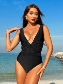 Swim Vcay Women's Deep V-Neck Ruched Monokini One-Piece Swimsuit For Summer, Beach, Swimming - Black - View 6