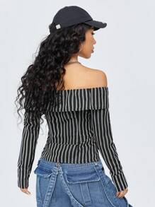 SHEIN EZwear Off Shoulder Sọc Của phụ nữ Áo sơ mi - màu đen - Xem 2