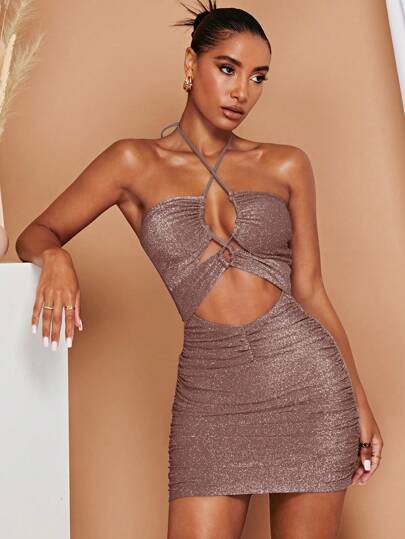 SHEIN BAE Vestido Ajustado De Punto Con Cuello Halter Y Purpurina