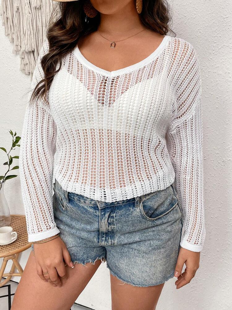 Plus Size Women's Hollow Out V-Neck Sweater Knit Pullover Fall Winter