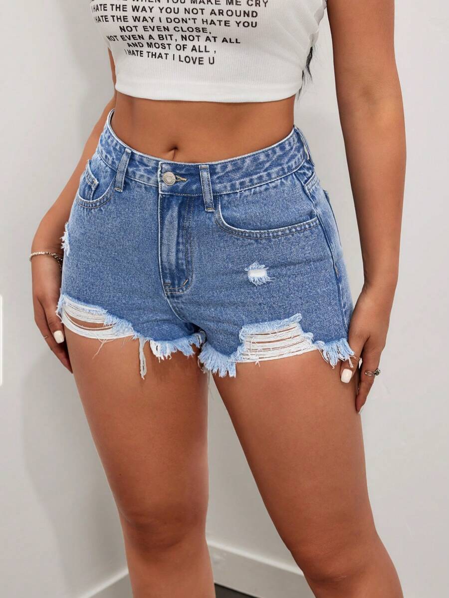 SHEIN ICON Distressed Washed Denim Shorts - Medium Wash - View 1