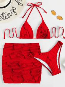 Swim SXY 3 stuks/set dames 2025 tie-dye halternek sexy micro driehoek print bikini set met doorschijnende cover-up mini rok, zomer