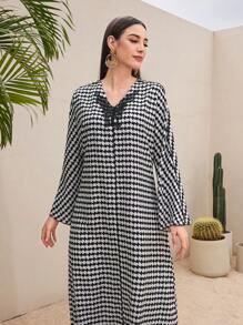 Al Najma 千鳥格紋長袖阿拉伯風格連身裙 - 黑與白 - 查看 8