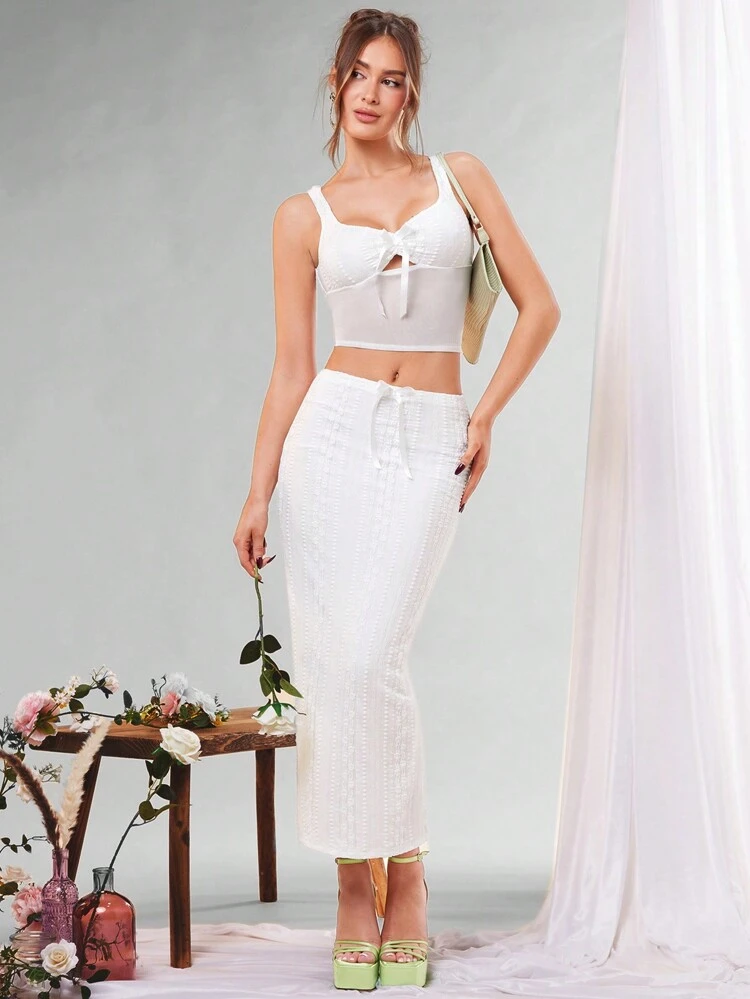 Women Sweet & Romantic Ribbon Bowknot White Skirt With Lace Detailing And Partially See-Through Cami Top 2pcs Set, Perfect For Valentine's Day Date