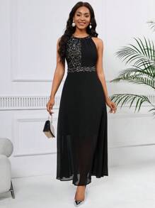 SHEIN Lady 女款無袖閃亮拼布掛脖連身裙 - 黑色 - 查看 4