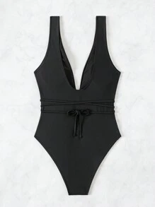 Swim Vcay Women's Deep V-Neck Ruched Monokini One-Piece Swimsuit For Summer, Beach, Swimming - Black - View 8