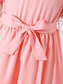 SHEIN Tween Girls' 3d Floral Bubble Short Sleeve Belted Dress - Pink - View 4