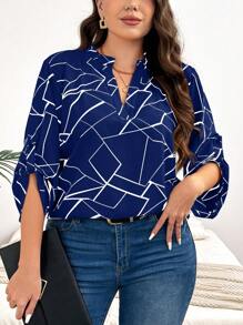 SHEIN Clasi Kích thước lớn Họa tiết Hình học Cổ áo có khía Áo sơ mi - Màu xanh hải quân - Xem 5