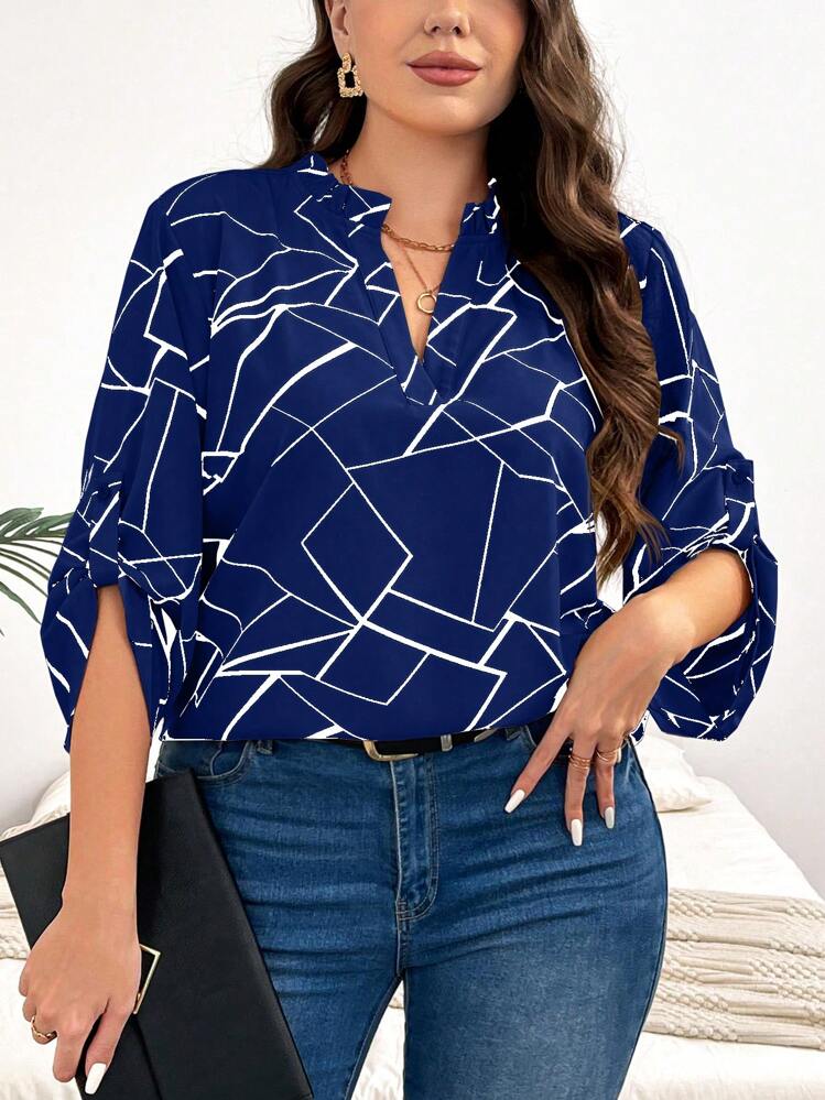 SHEIN Clasi Blusa De Talla Grande Con Patrón Geométrico Y Cuello De Solapa - Azul Marino - Añade 5