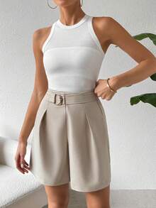 SHEIN Essnce Quý cô Giải trí Quần short Với Nút kim loại Đồ trang trí In Màu Quả mơ Cho mùa hè - Màu be - Xem 5