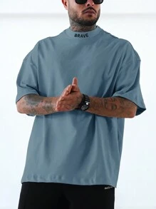 Manfinity Homme T-shirt De Talla Grande Para Hombre Con Cuello De Pie, Con Impresión De Letras En Los Hombros Y Mangas Cortas Caídas