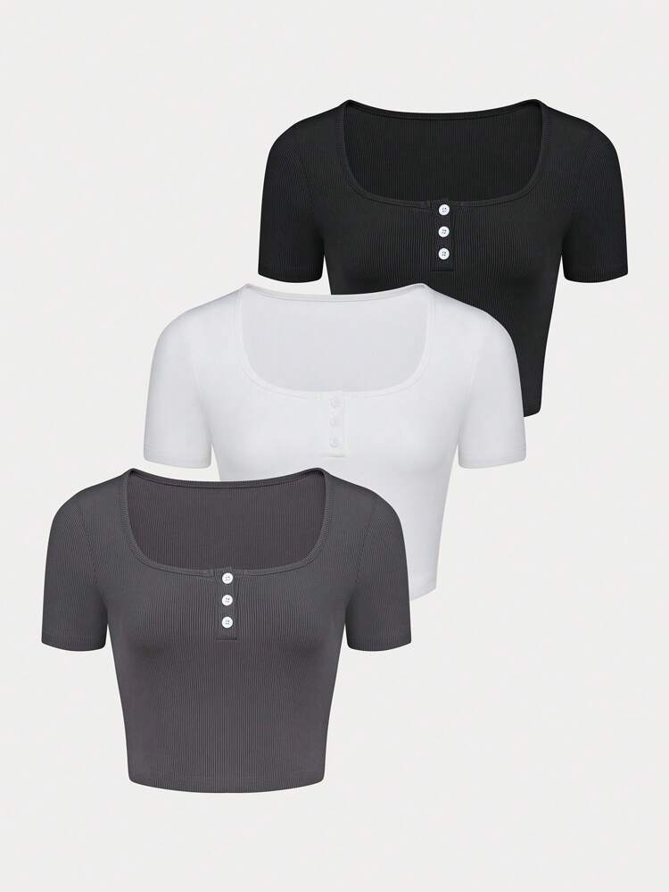 Women's 3pcs Button Half-Open Collar Ribbed Knit T-Shirt