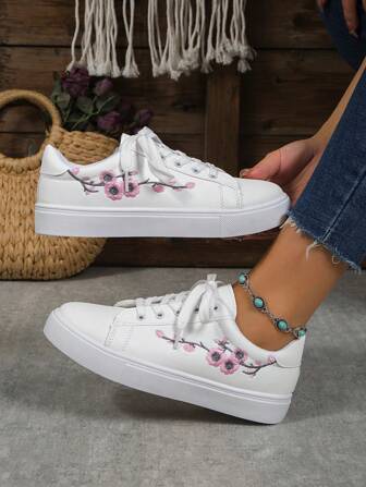 Women's White Casual Sneakers - Flat Sole Lace-Up Canvas Shoes With Plum Blossom Embroidery & 2 Pairs Colorful Shoelaces | Comfortable Breathable Student Sports Shoes For Women Girls