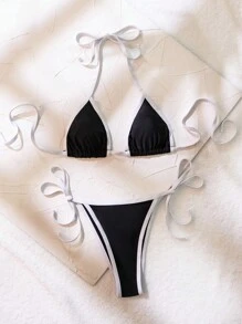 SHEIN Swim Summer Beach Women's Color Block Halter Neck Separated Bikini Set Wedding - Black and White - View 4