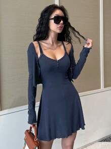 DAZY Women's Single Breasted Long Sleeve Top And Cami Dress Two Pieces Set Summer - Navy Blue - View 4