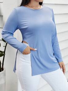 SHEIN Essnce Của phụ nữ Kích thước lớn Sành điệu Xanh Bên Khe Tay áo dài Áo thun Đối với Mùa xuân/Mùa hè - Màu xanh lam - Xem 3