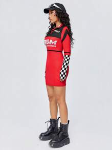 SHEIN EZwear 女士字母印花棋盤圖案裙子 - 紅色 - 查看 4